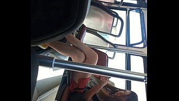 girl flashig on bus legs open